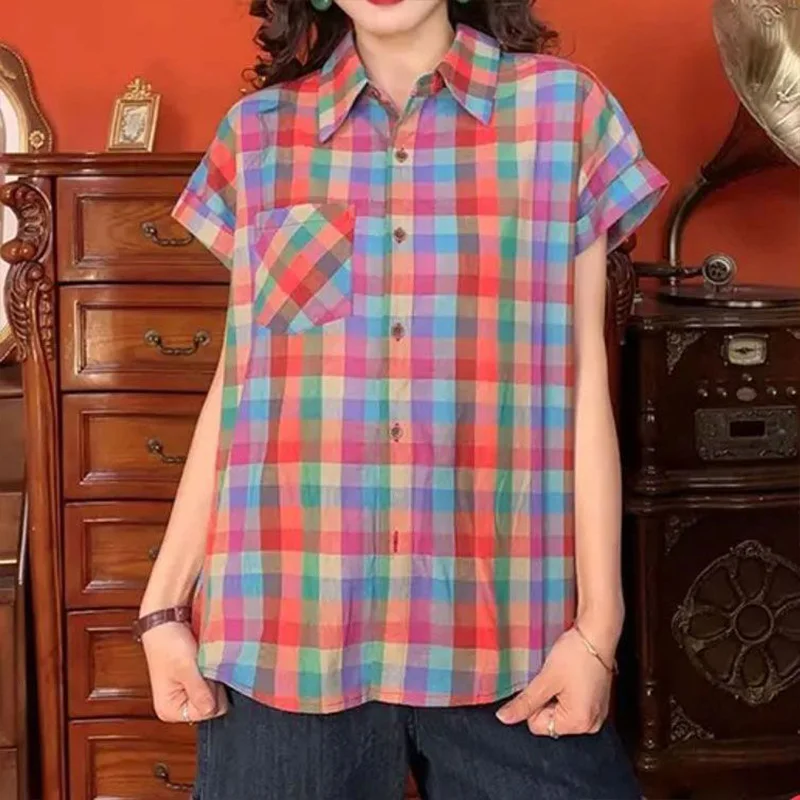 Retro Hong Kong Style Colorful Plaid Short Sleeved Shirt Summer New Color Collision Fashionable and Casual Polo Collar Lady Top