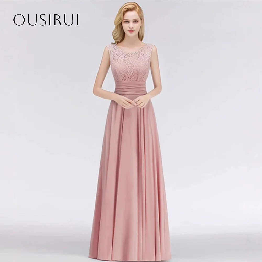 

O-neck A-line Lace Evening Dress Chiffon Sleeveless Floor Length Backless Party Gown Customized свадебное платье