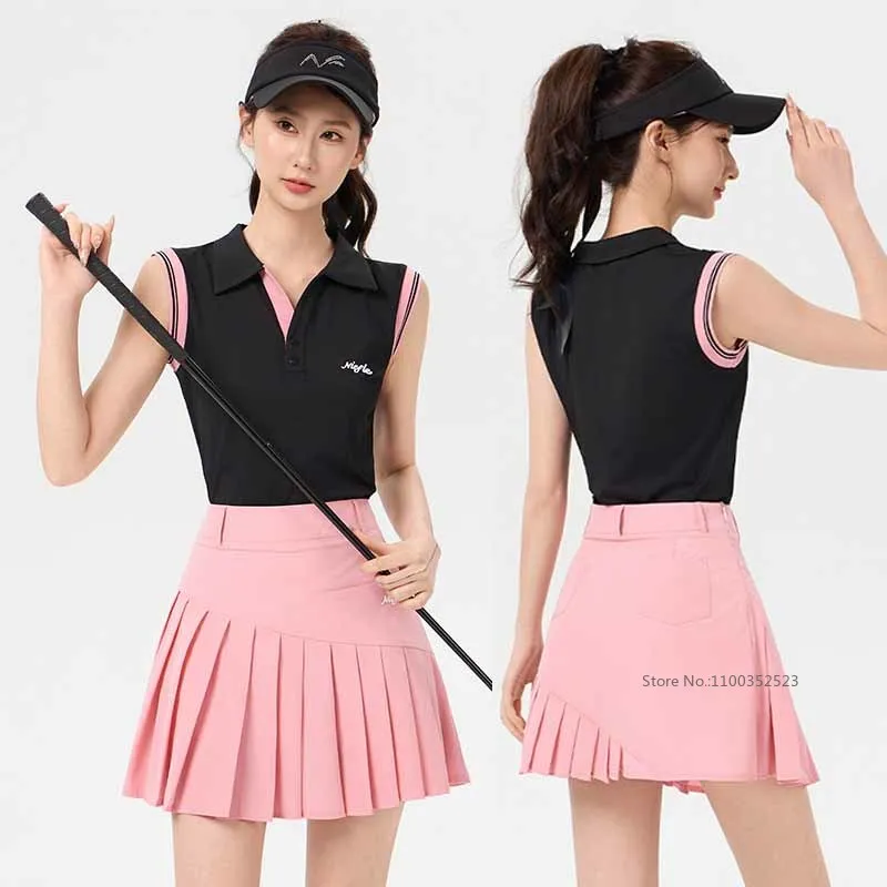 Niefle Summer New Women Sleeveless Top Breathable Quick-dry Vest Shirt Ladies Pleated Short Skirt Outdoor Casual Sports Skorts