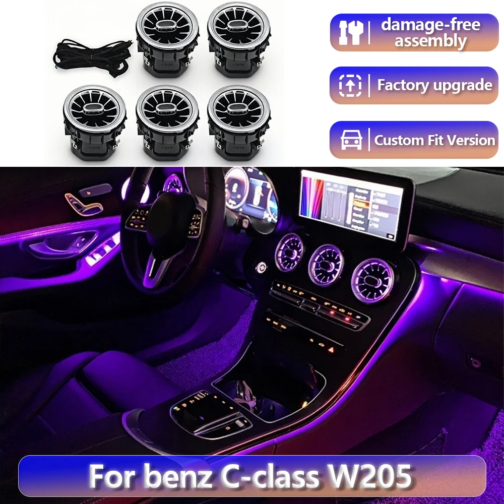 RGB color streamer For Benz C-class W205 2015 - 2021 Air Vent 3/64 Color Front and Rear Air Vent Ambient Light Turbine Nozzle