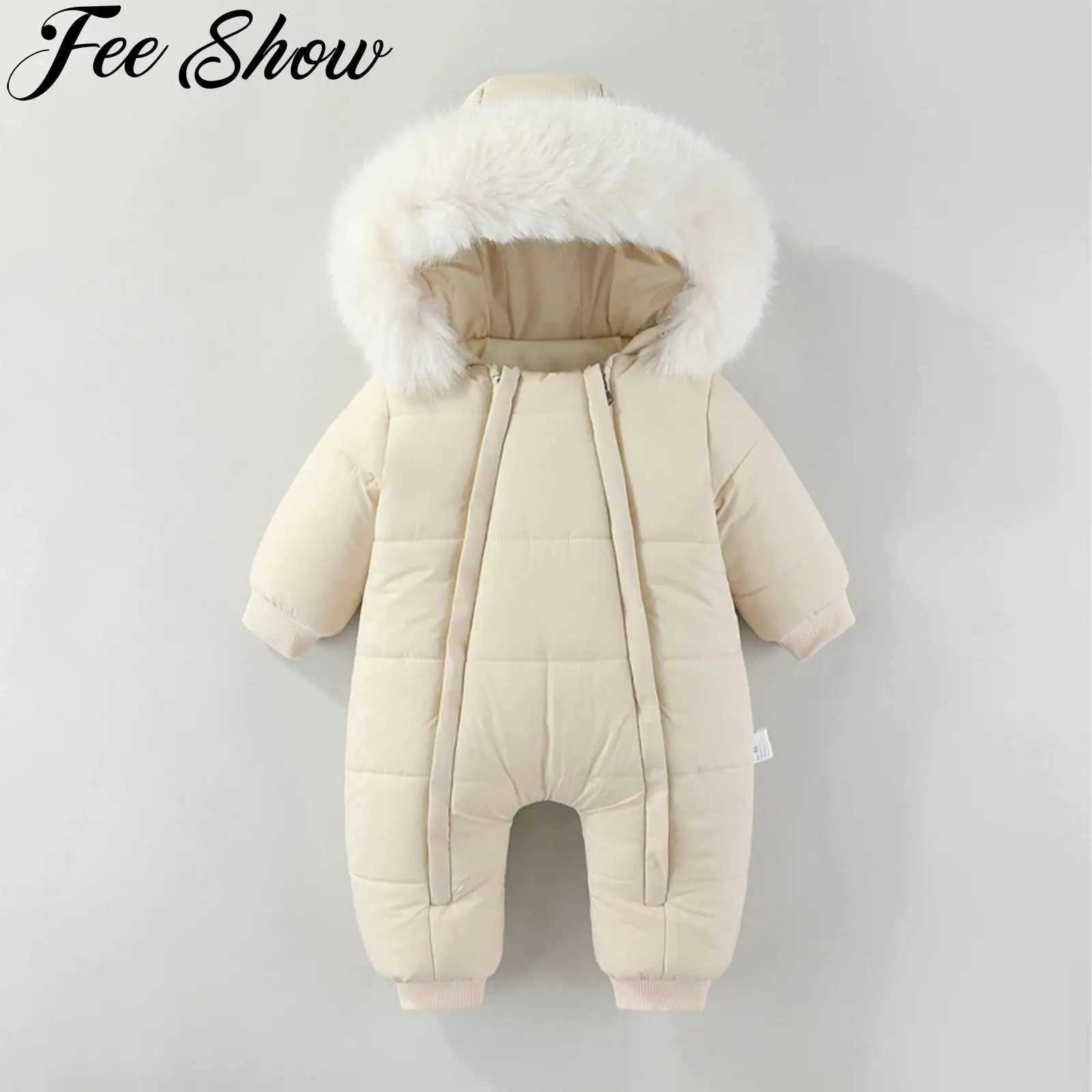 

Infant Baby Clothes Winter Fleece-Lined Snowsuit Ski Suit Long Sleeve Faux Fur Trim Hooded Jumpsuit Girl Boy Skiwear Romper Coat