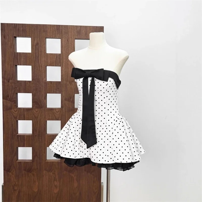 

Vintage Sweet Polka Dot Mini Dress Strapless Bow Flared Skirt Dresses Women Birthday Party Cute Chic Playful Stylish Outfits