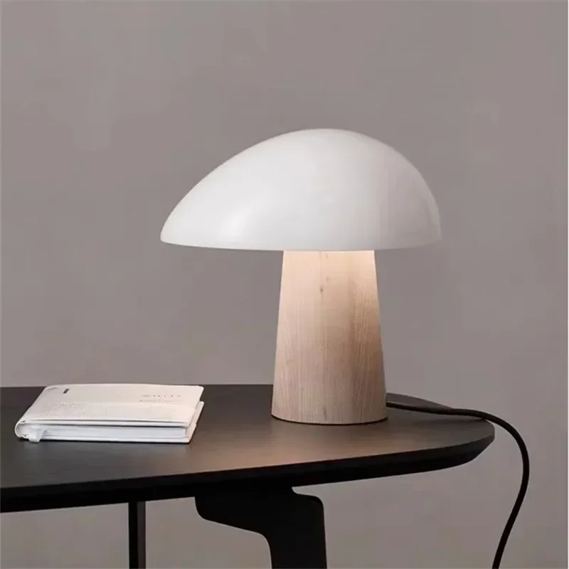 Nordic Creative Wood Grain Mushroom Table Lamp Living Room Bedroom Bedside Study Homestay Designer LED Light Art Decor Lighting