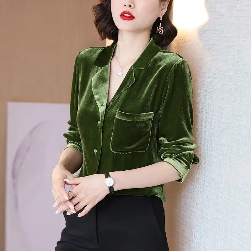 Spring Summer Autumn Shirt Design Gold Velvet Shirt Women's Blouse Retro V-Neck Pocket Soft Casual Shirt Jacket Female TT1410