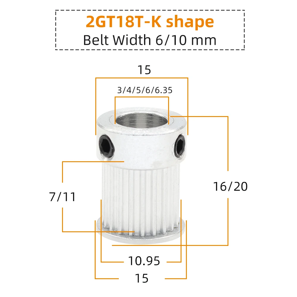 2GT-18T/19T GT2 Belt Pulley Pitch 2 mm K Type Alloy Wheels Bore 4/5/6 mm Timing Belt Width 6/10 mm 3D Printers 18 Teeth 19 Teeth