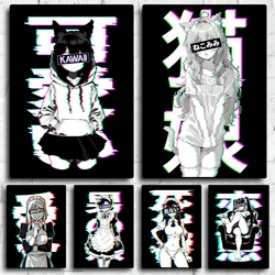 Anime Manga Glitched Poster Sad Girl Anime Glitch Glitched Hentai Catgirl Canvas printing Home Room Wall art decoration painting