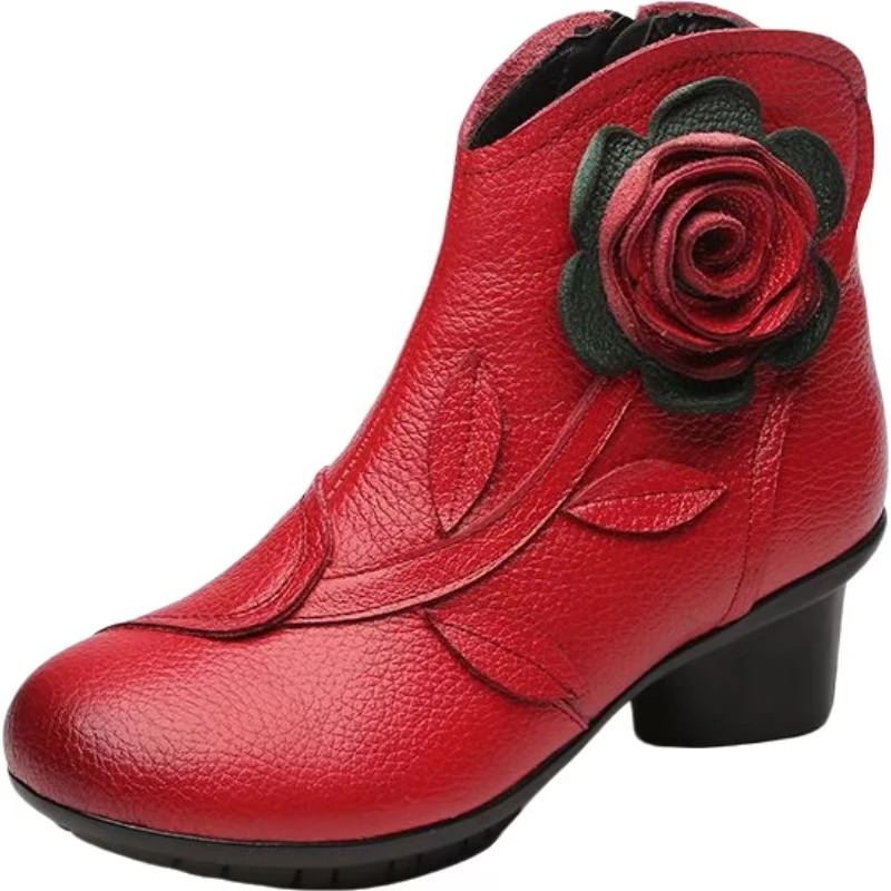 

Женские ботильоны из натуральной кожи в этническом стиле на блочном каблуке, осень-зима, новые плюшевые теплые хлопковые ботинки с круглым носком и молнией с цветочным принтом