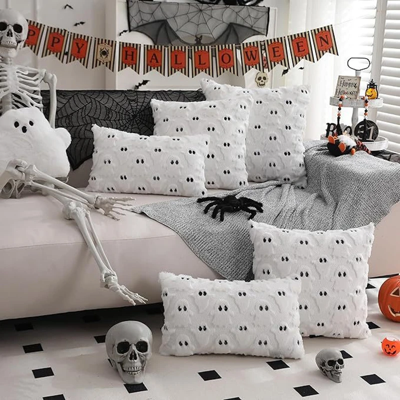 

1pc Halloween Cute Ghost Throw Pillow Covers 45*45cm White Plush Pillow Cases Ghost Pattern for Festival Couch Bedroom Decorss