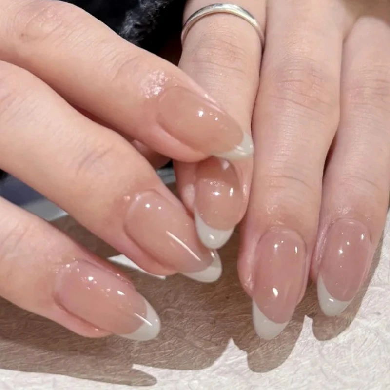 Simple French Aurora Pearlescent Almond Fake Nails Art Cat Eye Long Pointed False Nails Charms Glitter Powder DIY Press on Nails