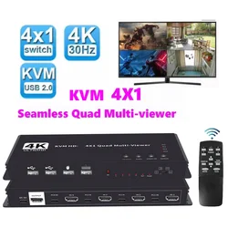 4K KVM Switch 4x1 Quad Multi Viewer 4 in 1 Out Video Processor Screen Multiviewer Seamless for 4 PC Share Mouse Keyboard