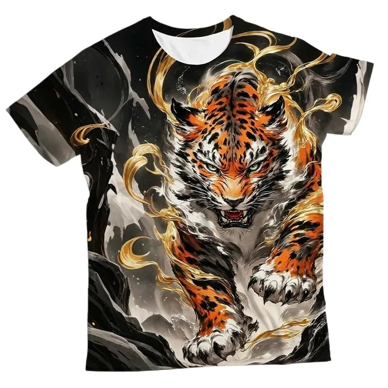 2026 Mens 3D Tiger Print Short Sleeve Crew Neck T-Shirt Breathable Medium Stretch Casual Fashion Tee for Outdoor Weekend Wear