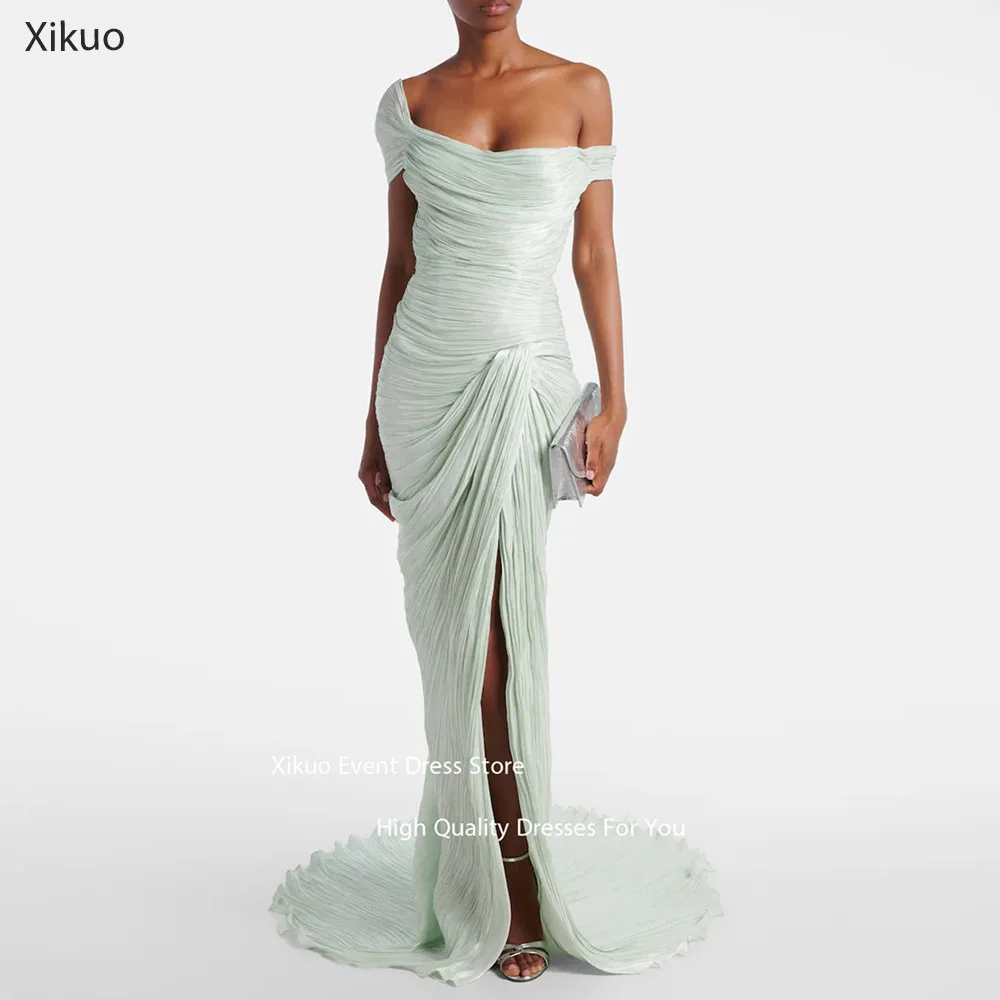 

Xikuo Asymmetrical Shoulder Evening Dress Mermaid Pleated High Slit Party Dress Mint Green Summer Vestidos De Fiesta Customized