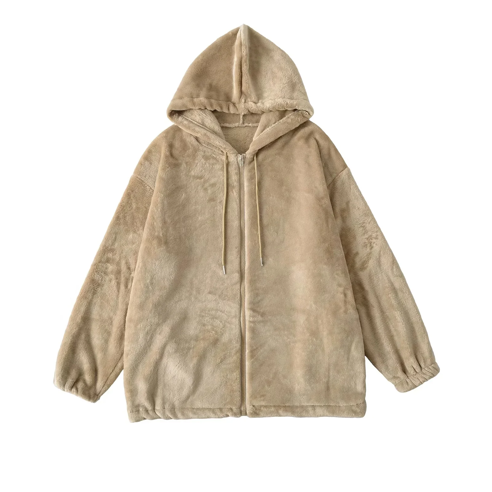 معطف نسائي بقلنسوة من فرو الضأن بتصميم كلاسيكي أمريكي فضفاض مع سحاب طويل معطف تنحيف لخريف وشتاء