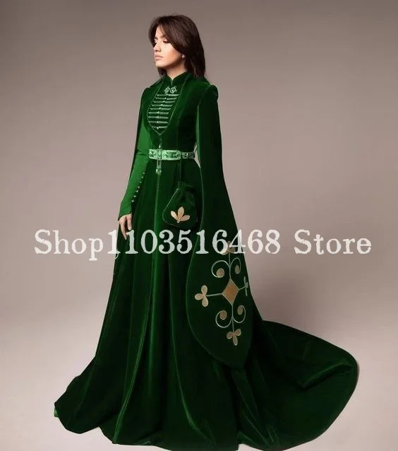 Long Sleeve Split Burgundy Evening Dress 2024 Luxury velour Embroidered High Neck Muslim Caucasian Ethnic Wedding robe de mariée