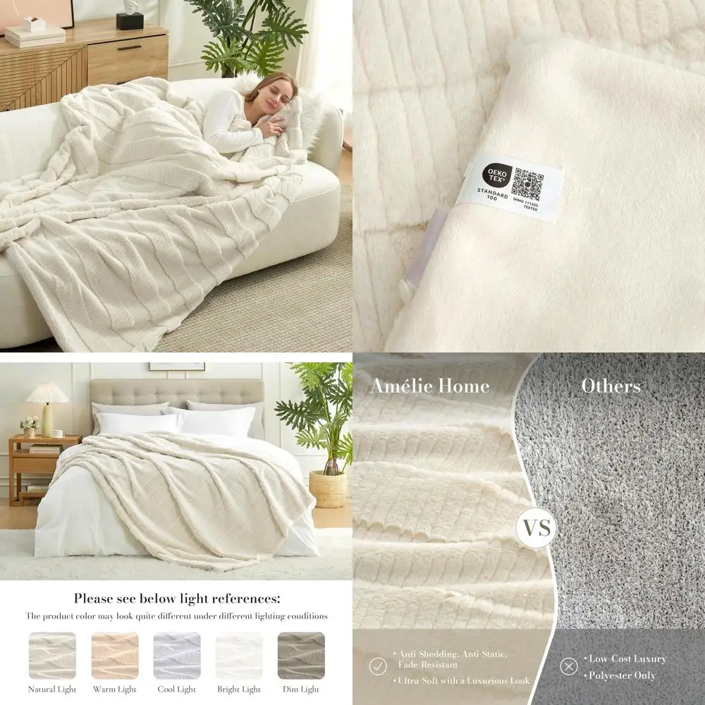 

Элегантное полосатое одеяло из искусственного меха, плюшевый уютный чехол на диван-кресло, 60x80 дюймов, цвет слоновой кости