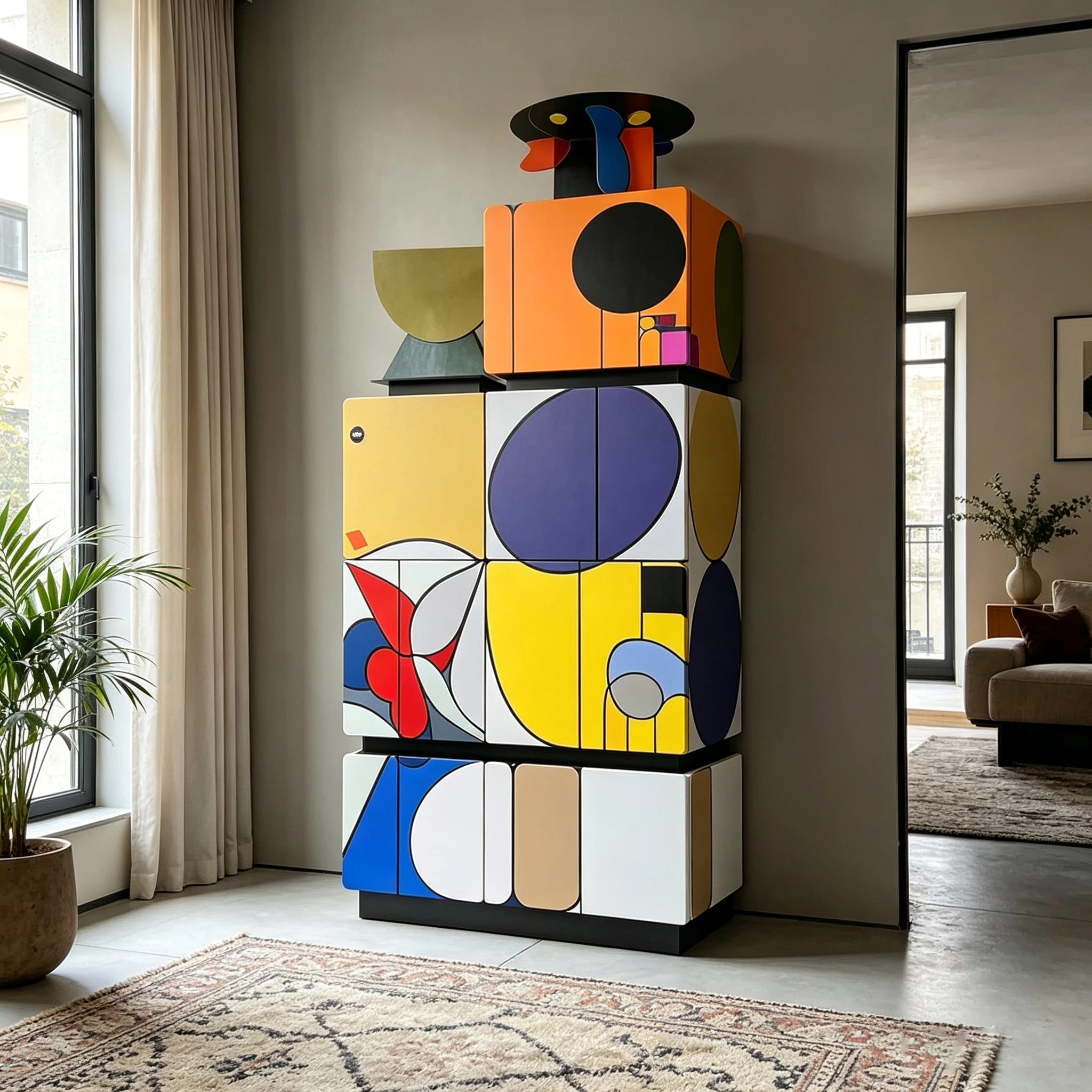 Y*-Modern Bauhaus Abstract Print Tall Accent Cabinet Multi Cube Combination Storage For Showroom Living Room