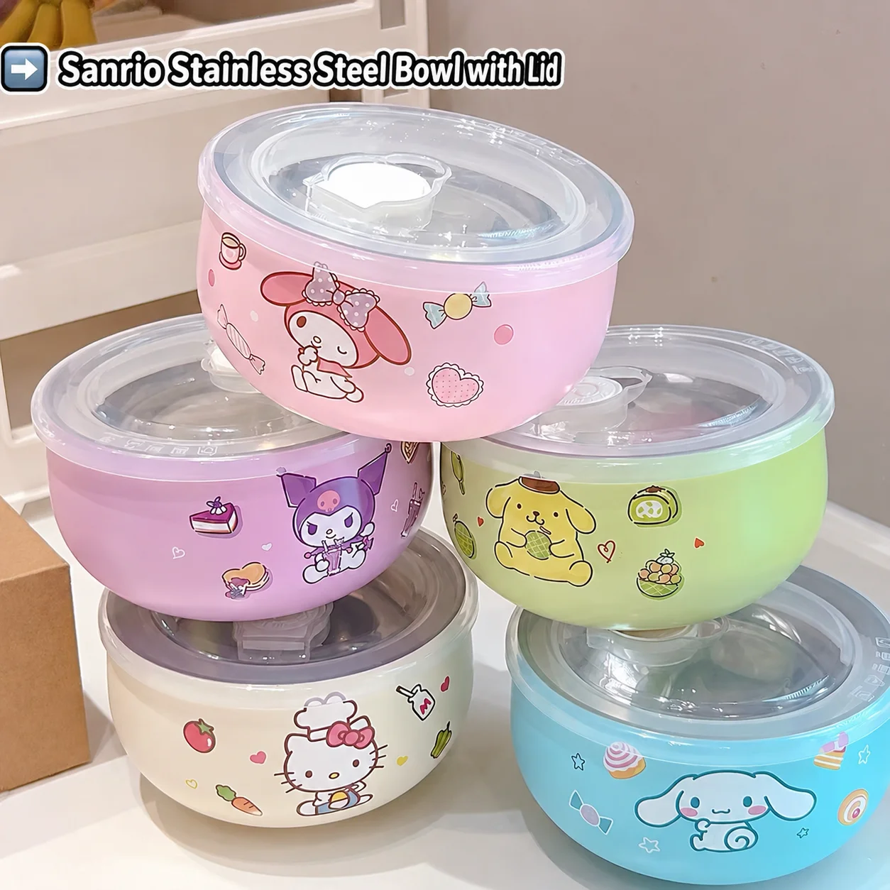 

Sanrio Cute Food Grade Inner 316 Stainless Steel Bowl With Lid Office Workers Student Dormitory Lunch Rice Bowl Noodle Porridge