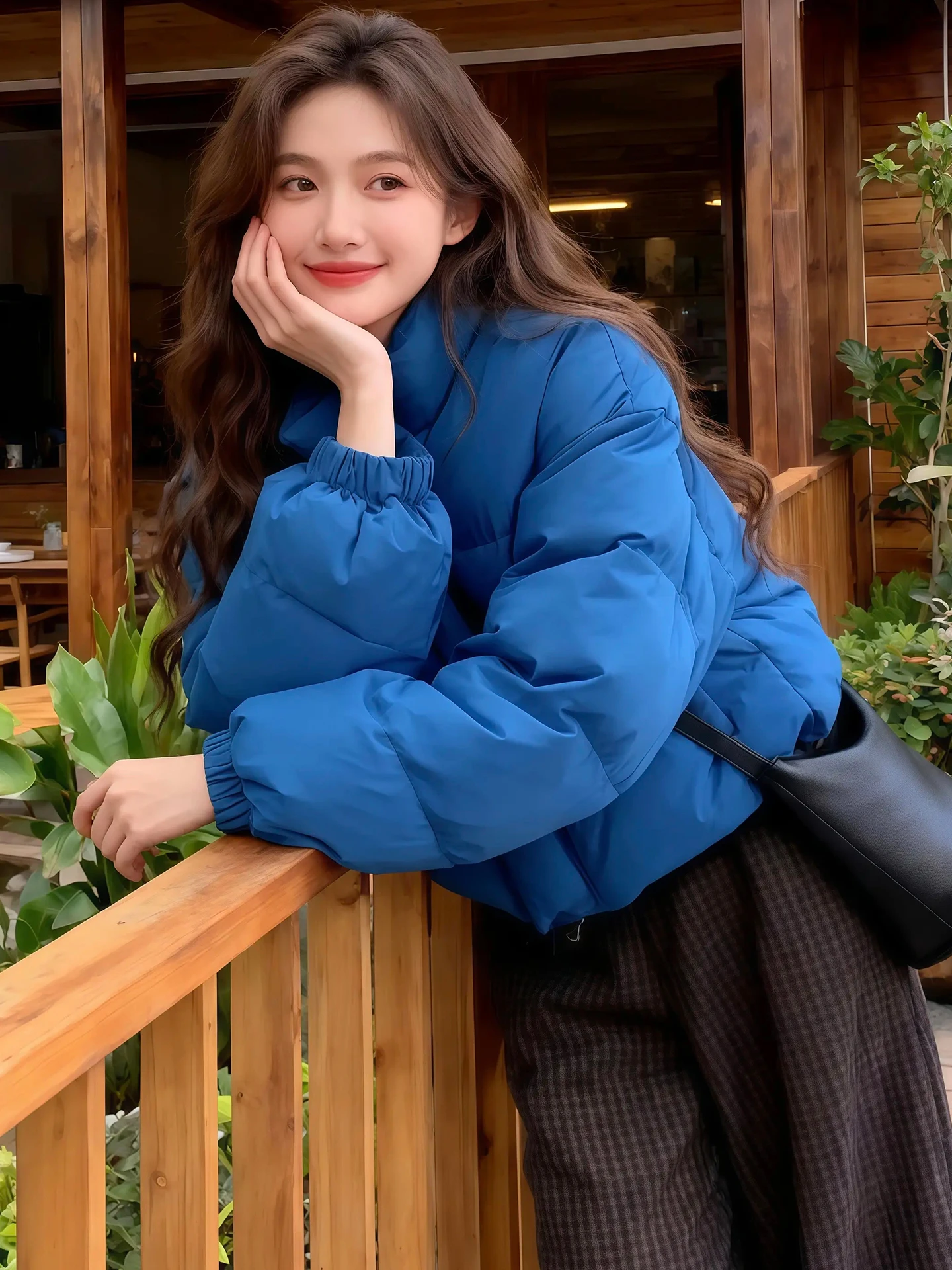 

Autumn Winter Thickened Warm Loose Women's Cotton Jacket And Plaid Pants Two-Piece Set High Quality Fashionable Blue Style
