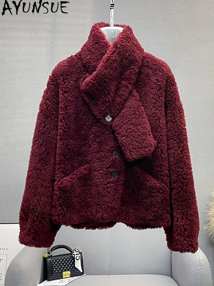 AYUNSUE 100% Naturalna Wełna Odpinany Szal Damska Kurtka 2025 Nowa Jesienno-Zimowa Kurtka z Futra Jagnięcego Odzież Damska Ropa Para Mujer