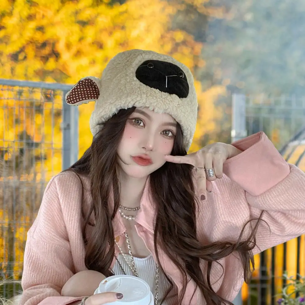 Thermal Winter Hat Cozy Cartoon Lamb Head Winter Hat with Thick Fleece Ear for Women Dome Heat Retention Outdoor Cap