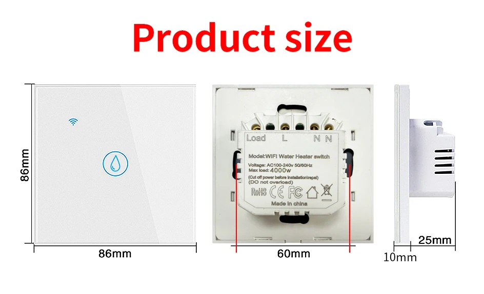 UBARO 86×86mm 20A WiFi Smart Water Heater Switch, Tuya App/Voice Control, LED Indicator, 4000W, Fits EU 60mm Box