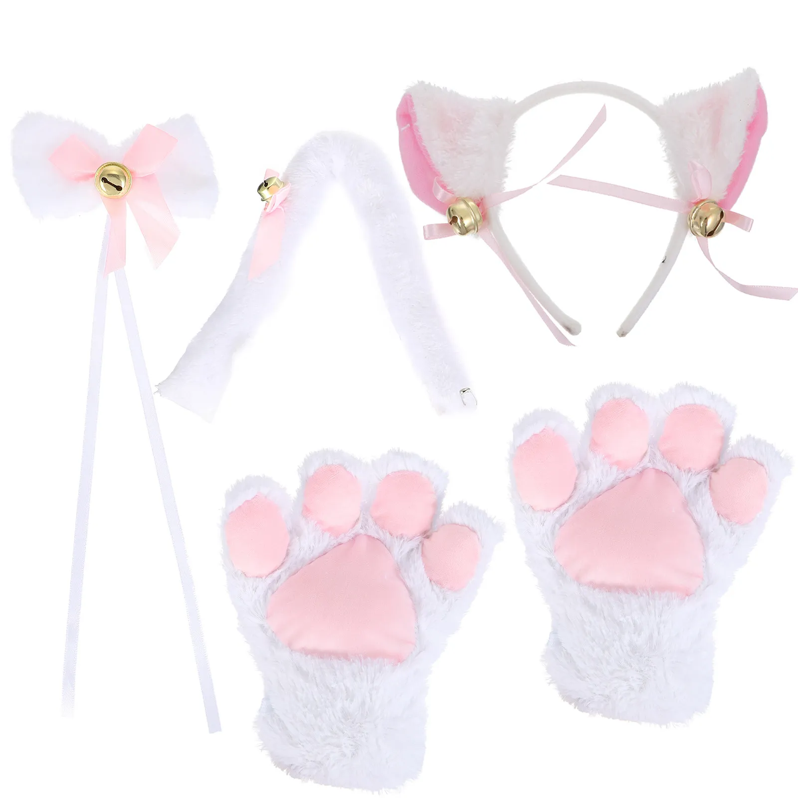 1Set Cat Girl Costume Set Hair Hoop Paw Tail Bow Tie for Women Girls Cosplay Masquerade Festival Party Role Play Performance