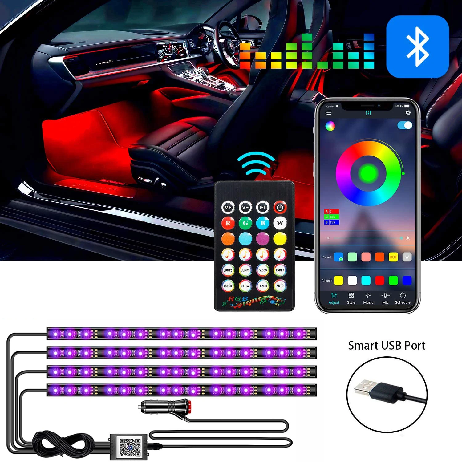 

Guadsun RGB LED Strip Lights Bar APP 12V Atmosphere Neon USB Plug Foot Decoration Ambient Lamps For Car Product Interior Parts