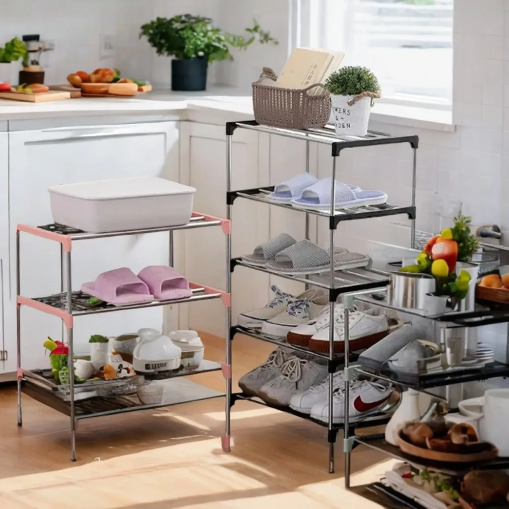 Multi-layered and space-saving shoe rack for simple household organization with three and four layers.