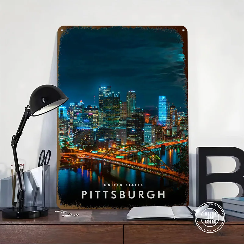 Pittsburgh At Night 3D Texture Printed Poster Custom Vintage Metal Tin Plate Sign for Wall Art Home Decoration Gaming House Room