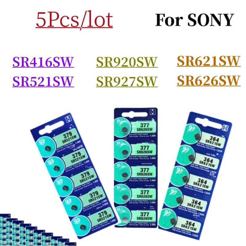 5pcs For Sony 337 SR416SW 364 SR621SW 371 SR920SW 377 SR626SW 379 SR521SW 395 399 SR927SW Coin Cell Silver Watch Battery