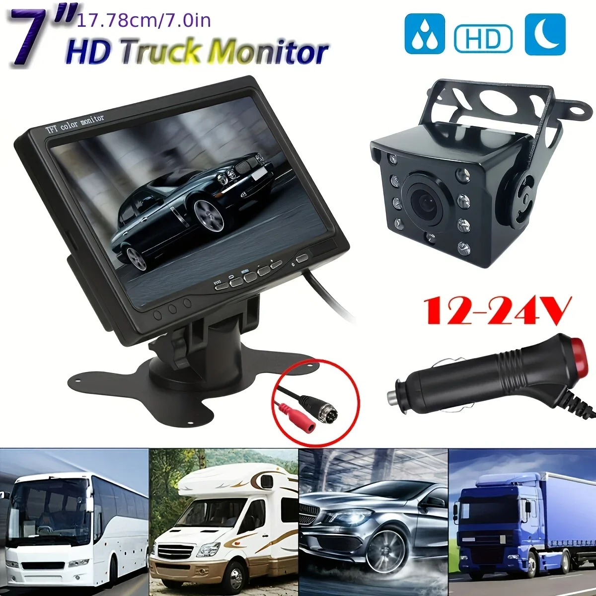 17.78cm HD TFT Color Monitor with 8-LED Heavy Duty CCD Rear View Camera- Easy Plug & Play Installation,for Trucks,Trailers More