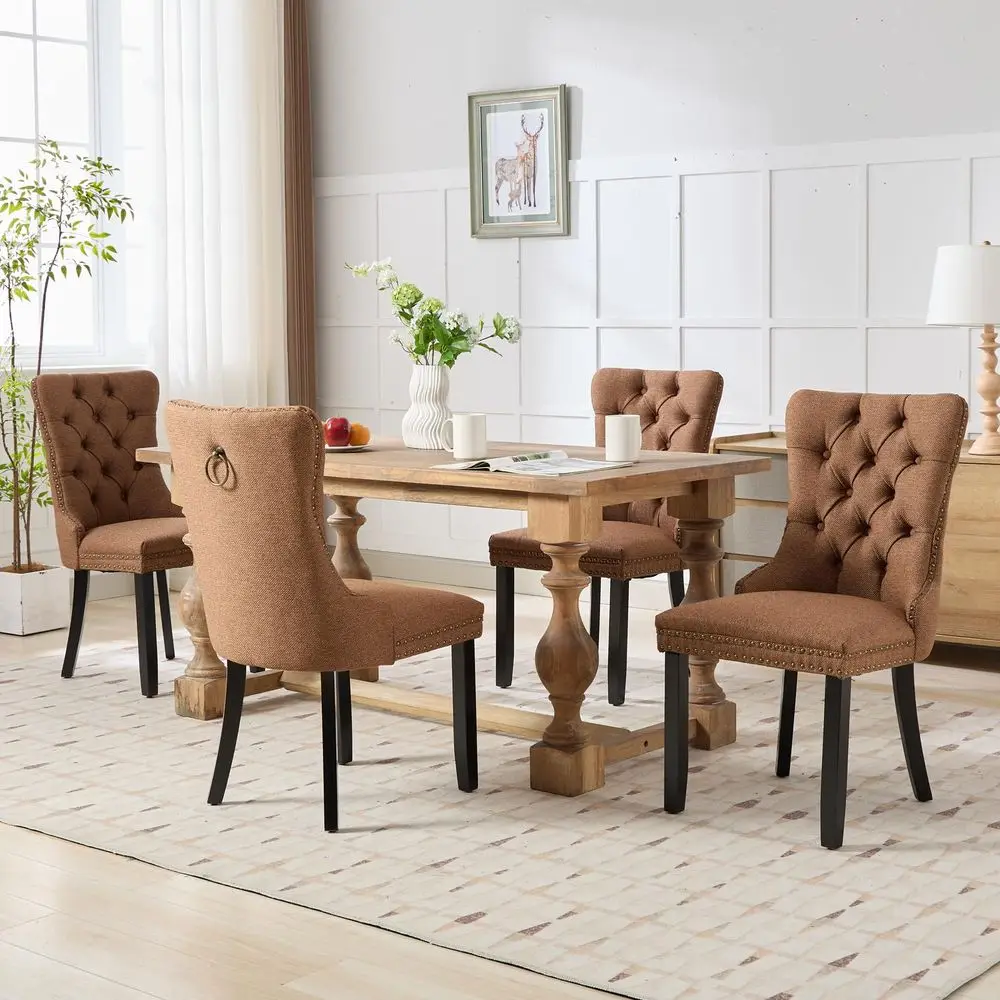 

Dining Chairs Set of 6, Upholstered Tufted Linen Fabric Dining Room Chairs with High Back, Nailhead Trim and Black Solid Wood L