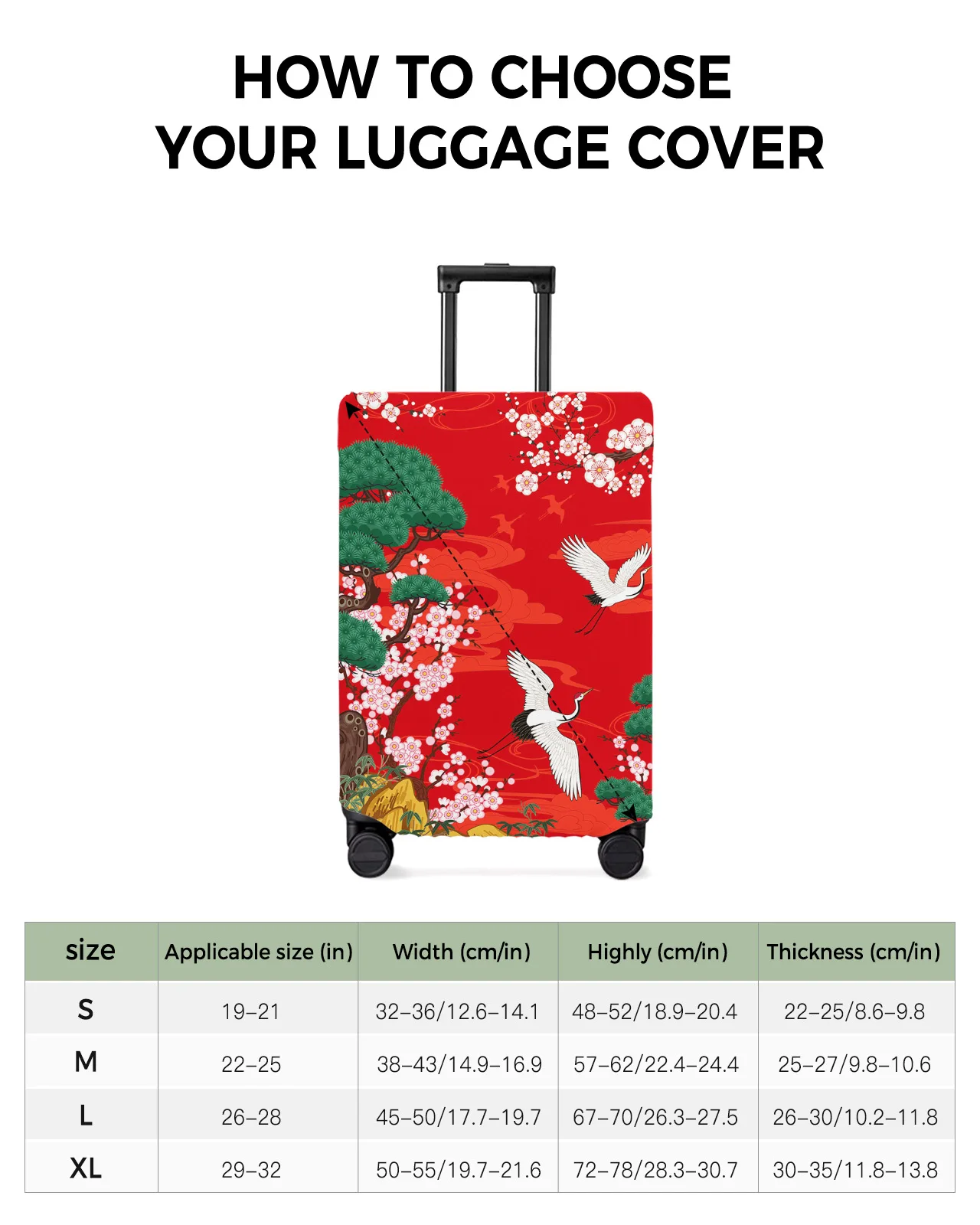 Japanese Style Crane Cherry Blossom Vintage Travel Luggage Cover Elastic Baggage Cover Suitcase Dust Case Travel Accessories