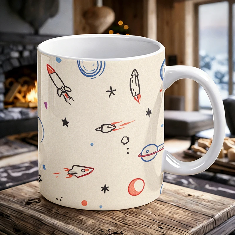 

Hand Drawn Space Rocket Ceramic Mug Kids Outer Space Coffee Cup, Milk Cup, Drinking Cup, Gift for Friends, Fade-Resistant