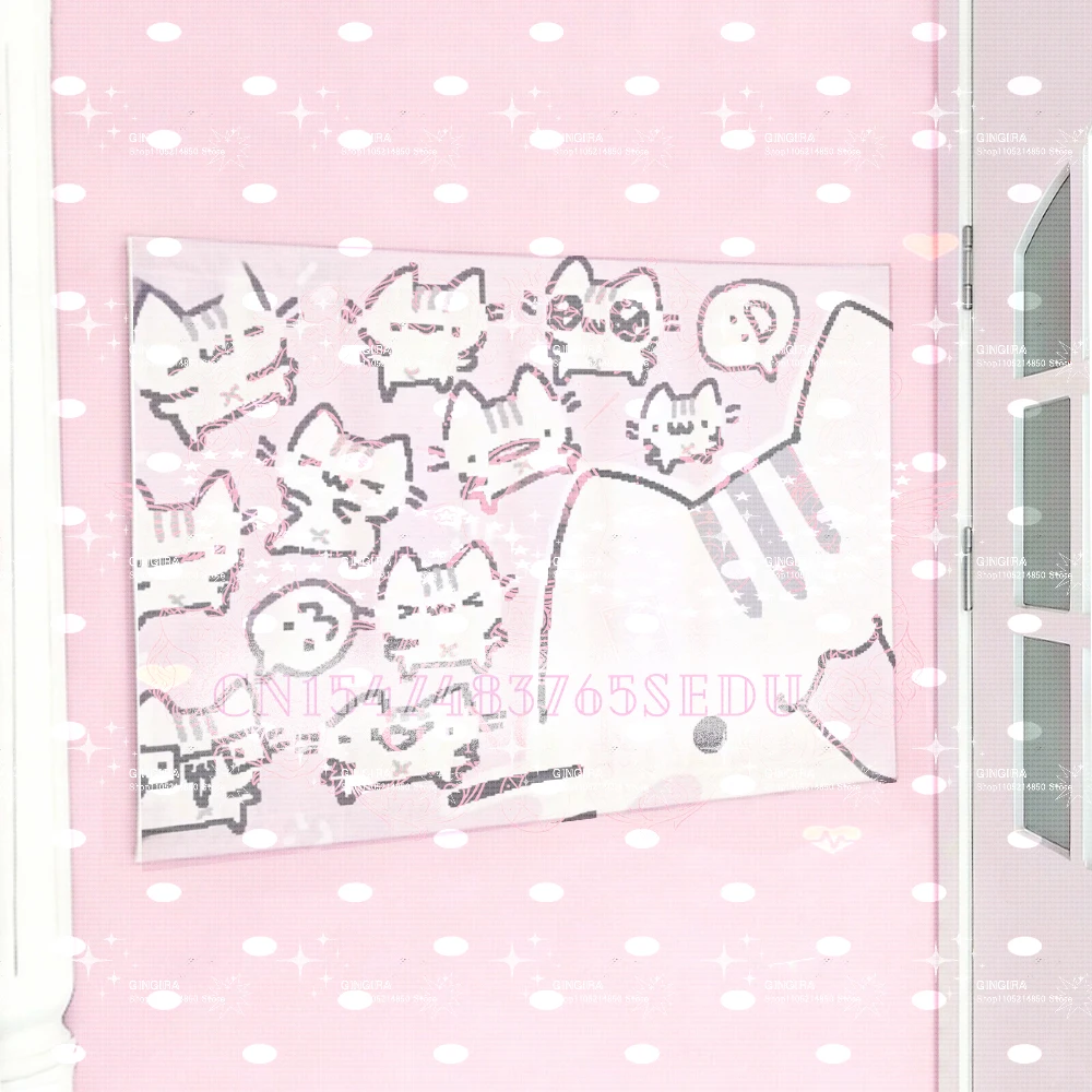 Kawaii Niedliche Katzen-Wandteppiche, Rosa Cartoon-Kätzchen-Druck Wandbehang, Ästhetische Raumdekoration für Schlafzimmer und Wohnheim, Lustige Katzengesichter-Wandteppiche
