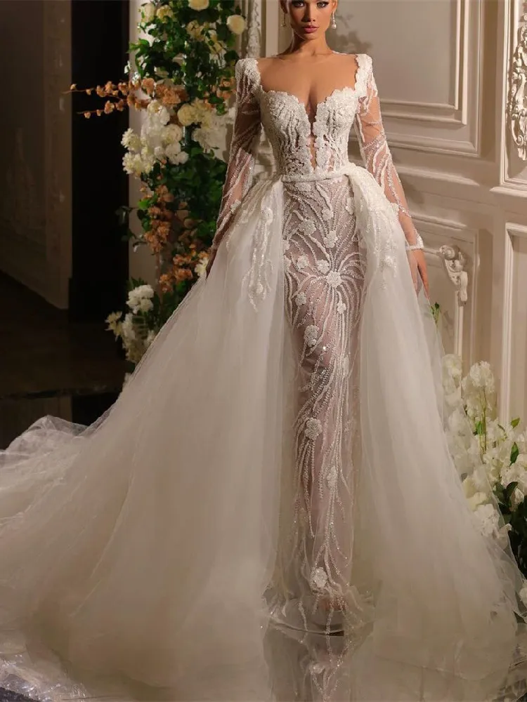 Modern Wedding Dresses Long Sleeves Deep V Neck Sequins Beaded Appliques 3D Lace Detachable Train Plus Size Bridal Gowns Ruffles