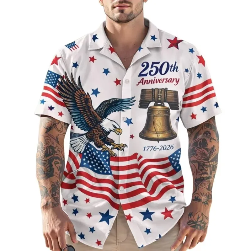 USA 250th Anniversary Floral Hawaiian Shirt For Men 3D Printed Eagle Flag Short Sleeves Summer Button Blouses Lapel Aloha Shirts