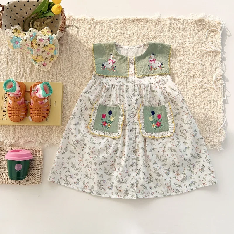 

2025Girls' Summer New Turn-Down Collar Animal Embroidery Color-Block Floral Sweet Sleeveless Dress