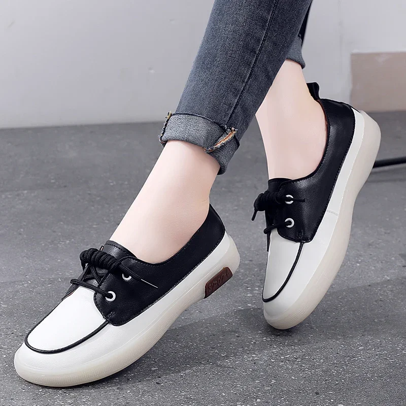 

Genuine Leather Summer Lace-Up Flat Casual Shoes Women Low Help Soft Bottom Moccasins Loafers Ladies Non-Slip Bean Walking Shoes