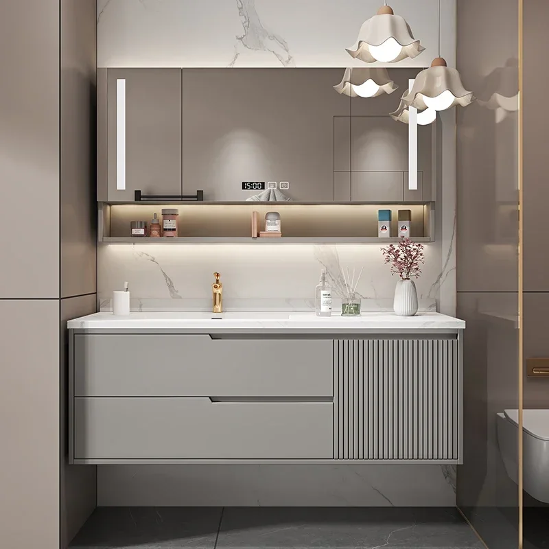 Bathroom Cabinet Vanity With Sink Furniture Combination Oak Smart Mirror Cabinet Lacquered Slate Seamless Integrated Basin Sink