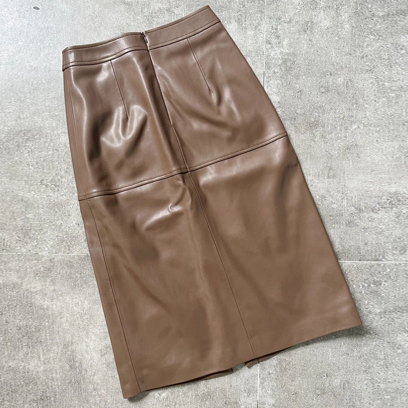 Fashion Mid Length Women Real Sheepskin Skirts Vintage Brown Front Split Female High Waist Skinny Hips Genuine Leather Skirts