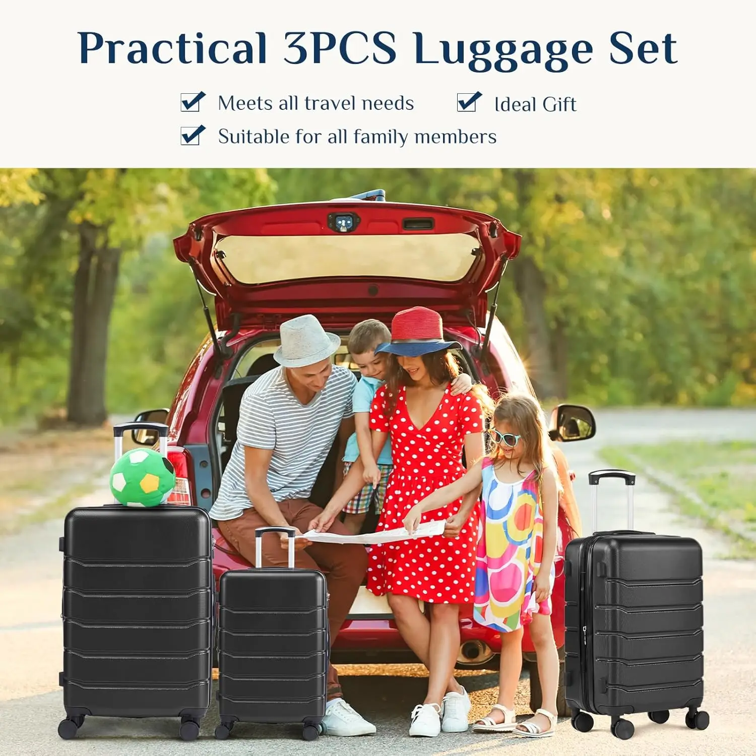 Hardside bagagem define com rodas Spinner, mala expansível, Tsa Lock, Shell duro, leve, preto, 20 ", 24", 28"