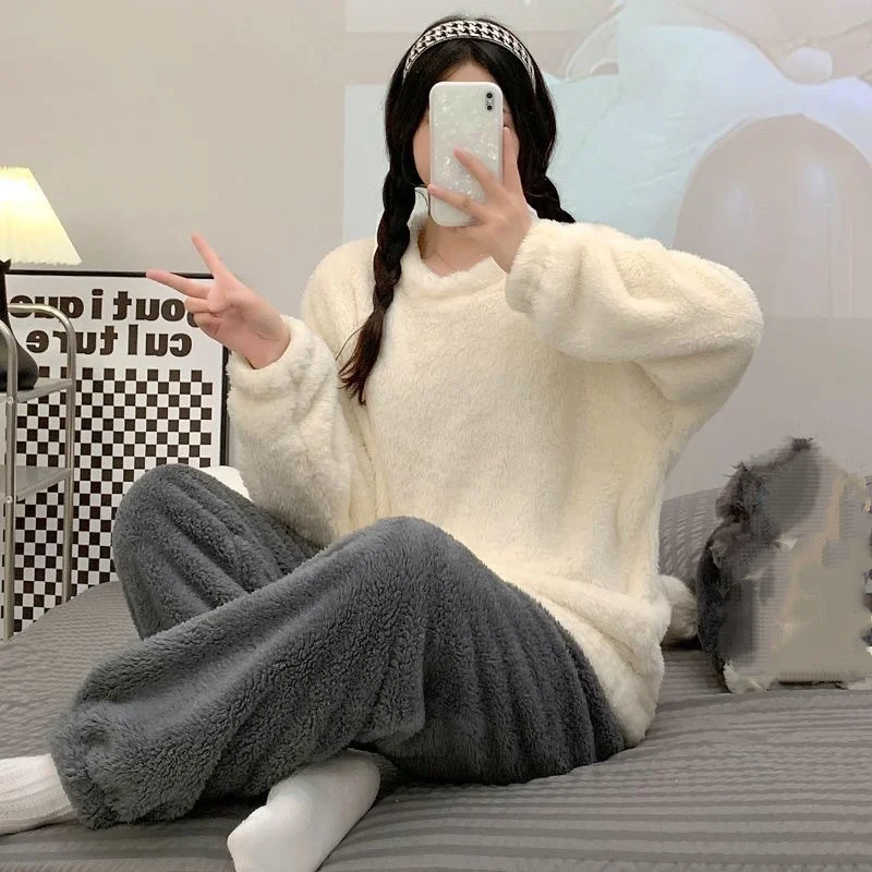 

Women's Nightgown Flannel Long Sleeve Round Neck Winter Warm Fleece-Lined Thick Sleepwear Length Home Dress Loungewear Pajamas