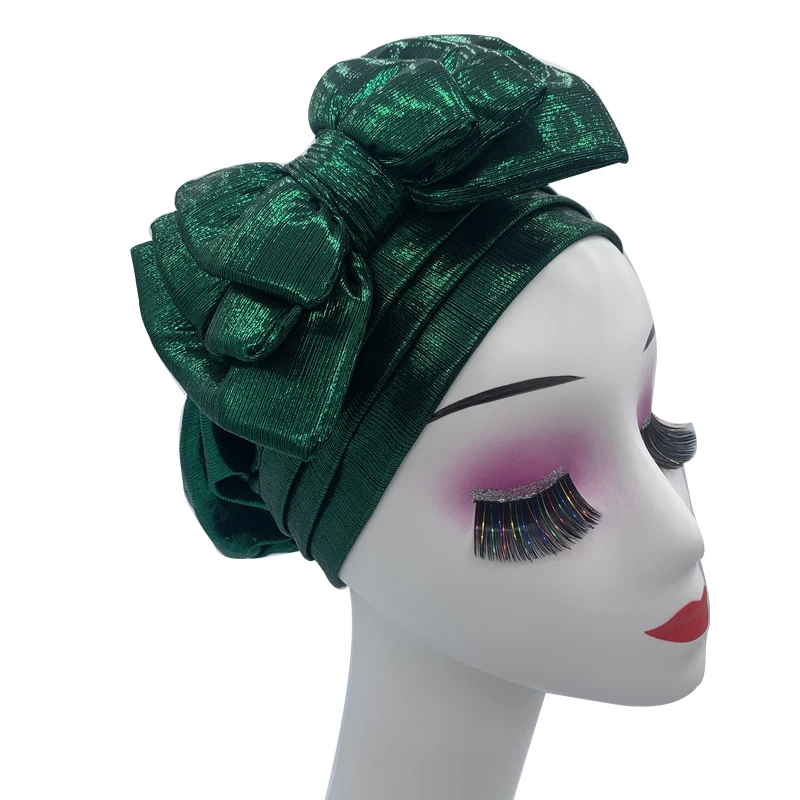 Shinning Multi-schicht Bowknot Turban Kappe für Frau Mode Afrikanische Headtie Nigeria Hochzeit Turbane Hut Muslim Headwrap Motorhaube – Detail 8