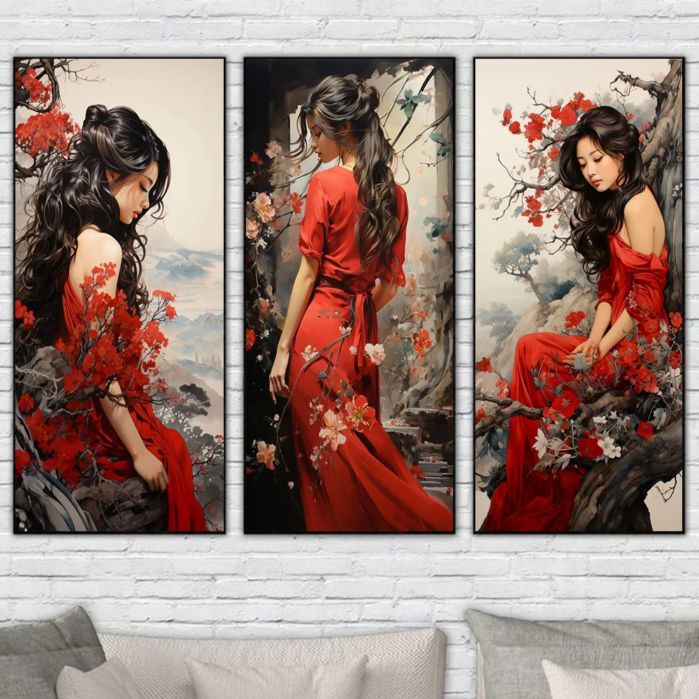 

Chinese Elegant Woman And Flower Poster Prints For Living Room Home Decor Sexy Woman With Plum Blossom Canvas Painting Wall Art