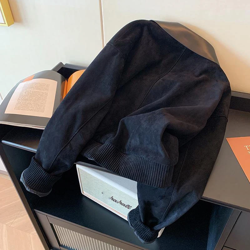 المرأة الرجعية سترة سوداء ربيع الخريف مجموعة جديدة الجلد المدبوغ الربط بولي Leather الجلود بدوره إلى أسفل طوق فضفاض سستة نمط البنطال القصير