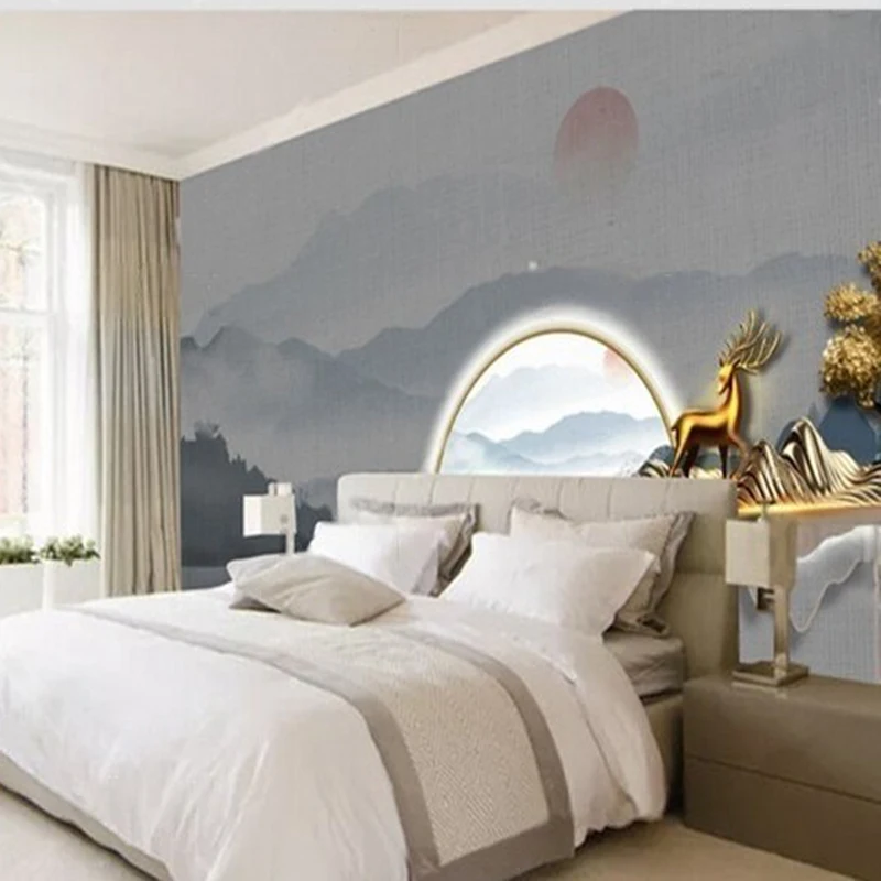 New Chinese-style three-dimensional Zen-inspired Golden Deer and Jinshan landscape painting decoration TV luxurious home bedroom