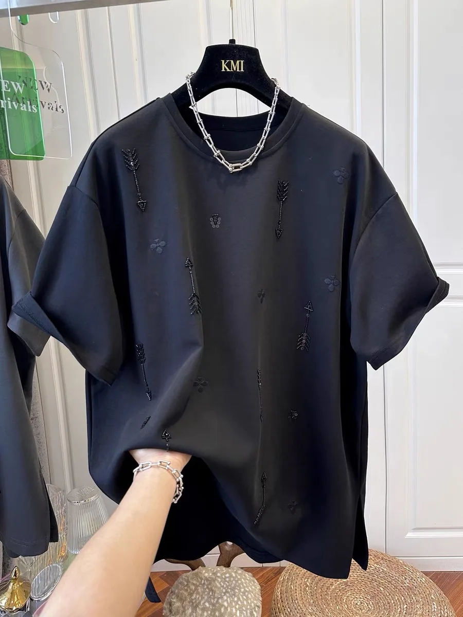 2026 Spring and Summer New Style Pure Cotton Loose Beaded Short-sleeved Fashionable T-shirt Female Top view 3