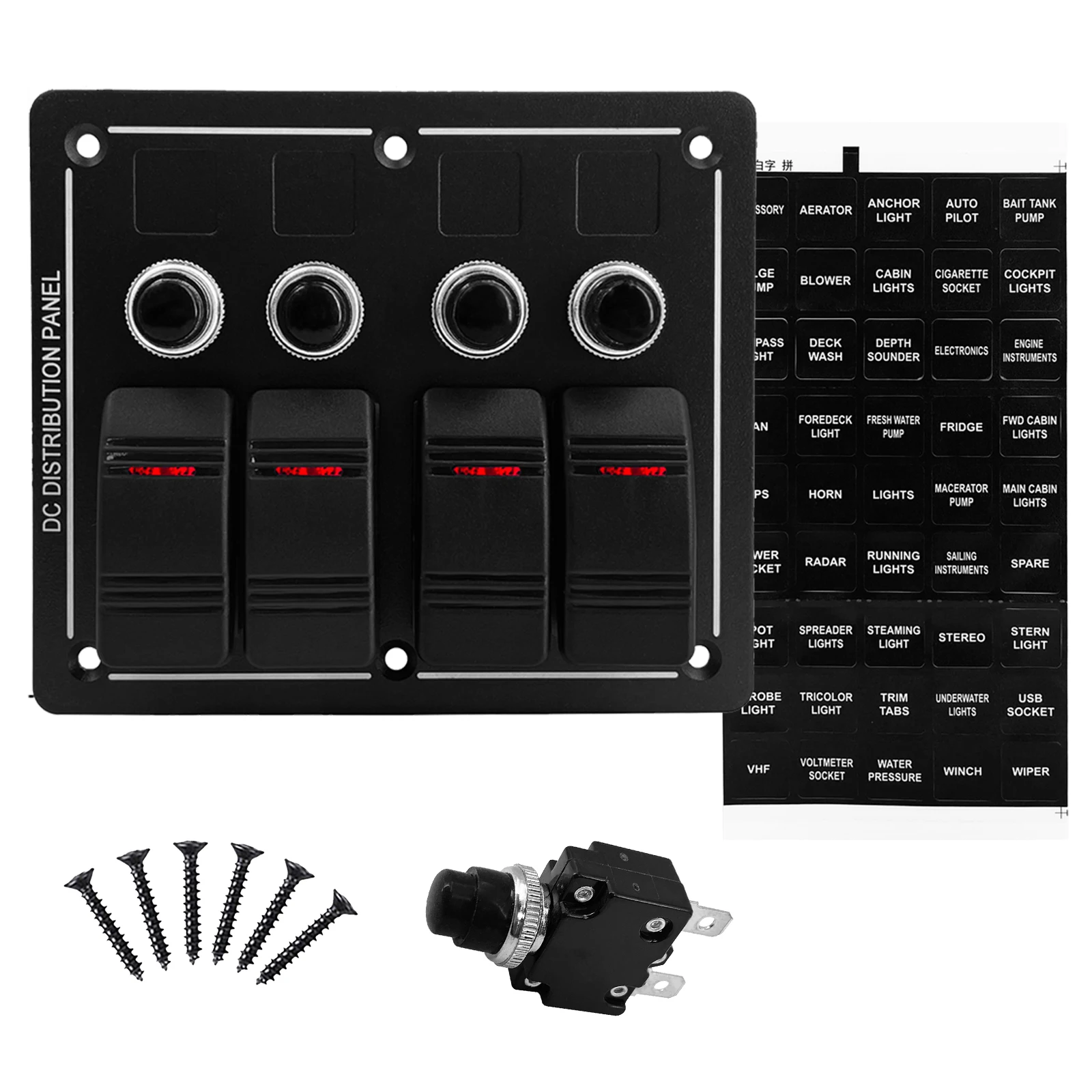 

12V/24 4Gang Marine 3Pin Rocker Switch Panel LED Red 5A/10A/15A Circuit Breaker On/Off Toggle for Boat Truck Overload Protection
