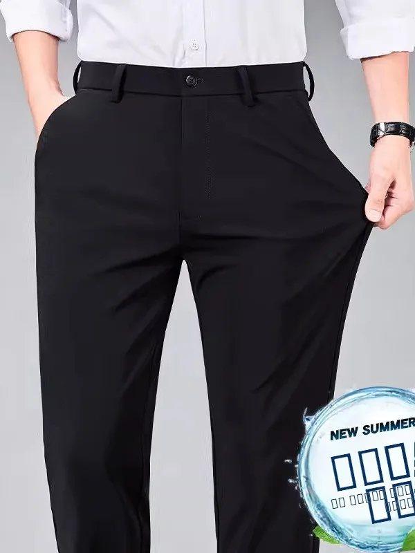 

Летние тонкие мужские брюки из ледяного шелка, повседневные прямые брюки, модные однотонные профессиональные формальные длинные брюки